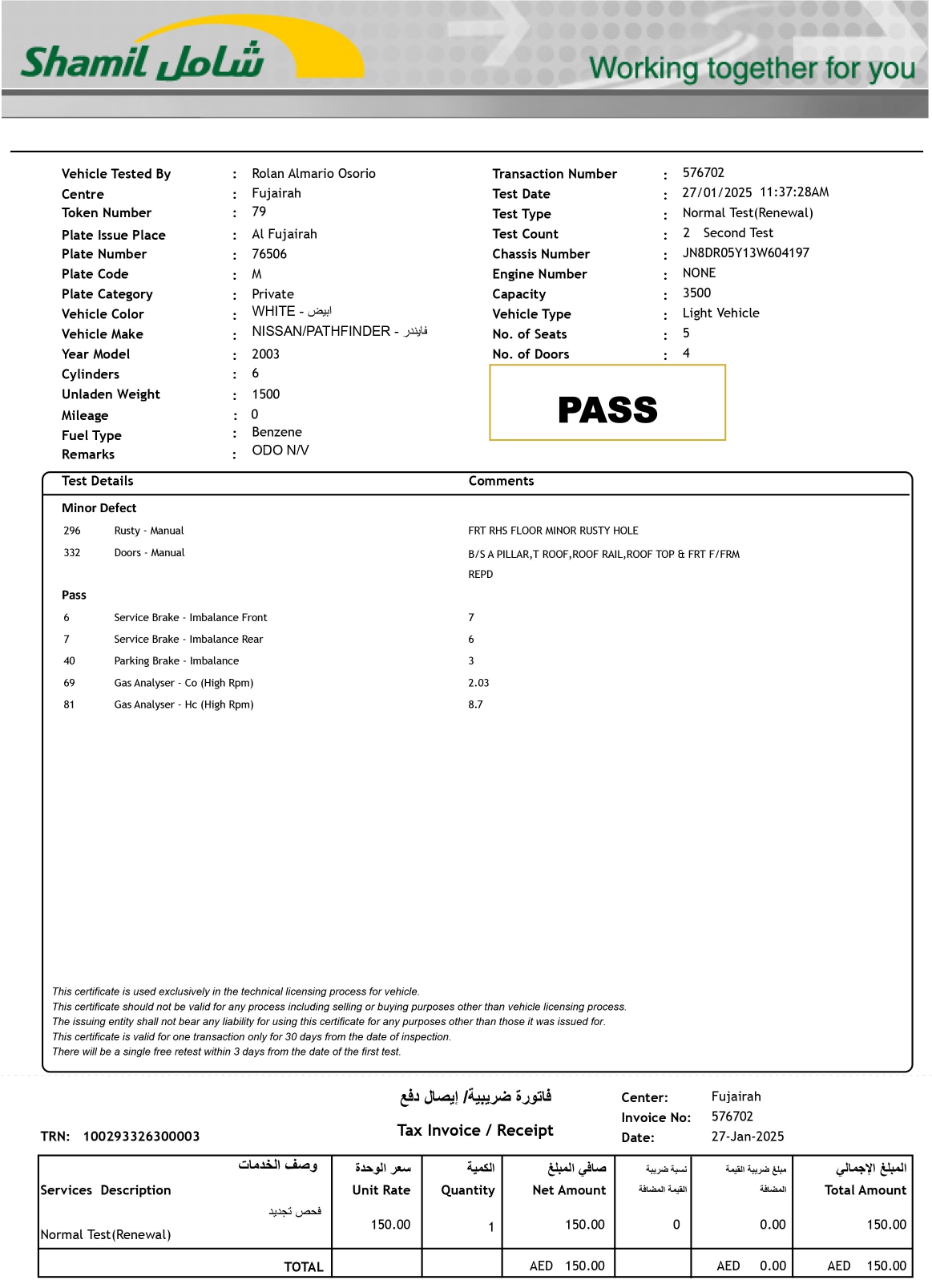 Emissions test result after Tirrent, 8.7