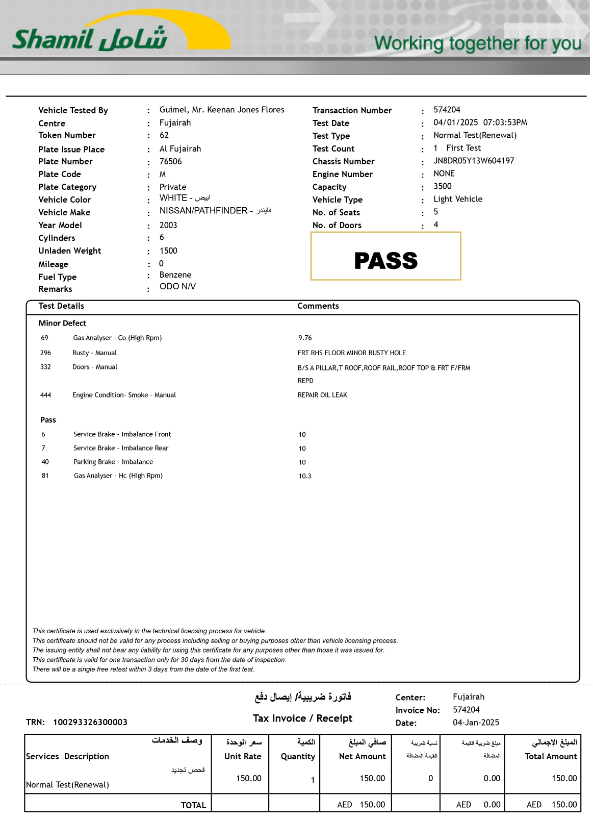 Emissions test result before Tirrent, 10.3
